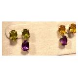 Set of 3 Pairs 10k Gold Gemstone Stud Earrings with Citrine, Amethyst, and Peridot