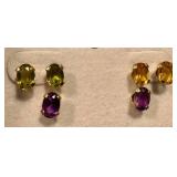 Set of 3 Pairs 10k Gold Gemstone Stud Earrings with Citrine, Amethyst, and Peridot
