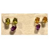 Set of 3 Pairs 10k Gold Gemstone Stud Earrings with Citrine, Amethyst, and Peridot