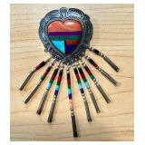 Q.T. Sterling Inlay Heart Brooch with Turquoise, Coral, Malachite