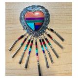 Q.T. Sterling Inlay Heart Brooch with Turquoise, Coral, Malachite
