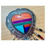Q.T. Sterling Inlay Heart Brooch with Turquoise, Coral, Malachite