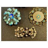 Set of 3 Vintage Costume Brooches with Rhinestones and Faux Pearls