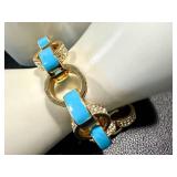 Gold Tone Necklace and Bracelet Set with Blue Enamel and Rhinestone Accents