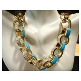 Gold Tone Necklace and Bracelet Set with Blue Enamel and Rhinestone Accents