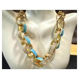 Gold Tone Necklace and Bracelet Set with Blue Enamel and Rhinestone Accents
