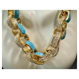 Gold Tone Necklace and Bracelet Set with Blue Enamel and Rhinestone Accents
