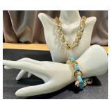 Gold Tone Necklace and Bracelet Set with Blue Enamel and Rhinestone Accents