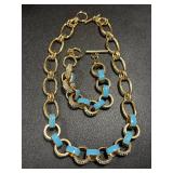 Gold Tone Necklace and Bracelet Set with Blue Enamel and Rhinestone Accents