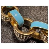Gold Tone Necklace and Bracelet Set with Blue Enamel and Rhinestone Accents