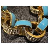 Gold Tone Necklace and Bracelet Set with Blue Enamel and Rhinestone Accents