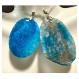 Set of 2 Dyed Dragon Vein Agate Pendants Blue Tones