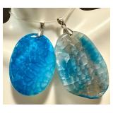 Set of 2 Dyed Dragon Vein Agate Pendants Blue Tones