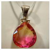 Sterling Silver Vintage Teardrop Tourmaline Pendant 1.75 Inch