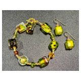 Art Glass Bead Bracelet and Earring Set, 7.5 Inch Bracelet