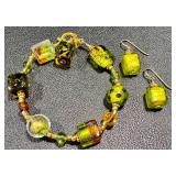 Art Glass Bead Bracelet and Earring Set, 7.5 Inch Bracelet