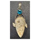 Sterling Silver Pendant with Agatized Coral and Topaz Accent