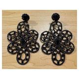 KJL Statement Black Rhinestone Clip Earrings 4.5 Inch Pair