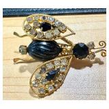 Vintage Schreiner Trembler Insect Brooch with Black Glass and Rhinestones