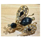 Vintage Schreiner Trembler Insect Brooch with Black Glass and Rhinestones