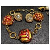 Fashion Jewelry Assortment Including 2" Trifari Earrings and Art Glass Bracelet