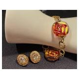 Fashion Jewelry Assortment Including 2" Trifari Earrings and Art Glass Bracelet