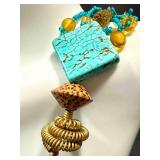 20-Inch Art Glass Beaded Necklace with Turquoise, Gold, and Amber Accents