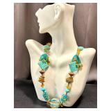 20-Inch Art Glass Beaded Necklace with Turquoise, Gold, and Amber Accents