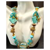 20-Inch Art Glass Beaded Necklace with Turquoise, Gold, and Amber Accents