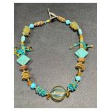20-Inch Art Glass Beaded Necklace with Turquoise, Gold, and Amber Accents