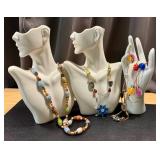 Collection of Vintage Glass Bead Necklaces and Blue Flower Brooch