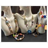 Collection of Vintage Glass Bead Necklaces and Blue Flower Brooch