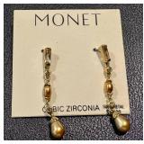 Monet Cubic Zirconia Drop Earrings with Gold Tone and Faux Pearl Accents