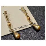 Monet Cubic Zirconia Drop Earrings with Gold Tone and Faux Pearl Accents