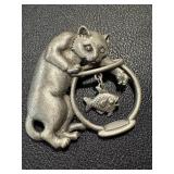 JJ Signed Pewter Cat and Fish Bowl Pin Brooch, 2.5 Inch