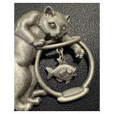 JJ Signed Pewter Cat and Fish Bowl Pin Brooch, 2.5 Inch
