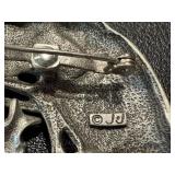 JJ Signed Pewter Cat and Fish Bowl Pin Brooch, 2.5 Inch