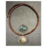 Moss Agate and Bloodstone Pendants with Beaded Chain