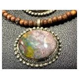 Moss Agate and Bloodstone Pendants with Beaded Chain