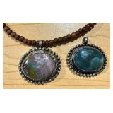 Moss Agate and Bloodstone Pendants with Beaded Chain