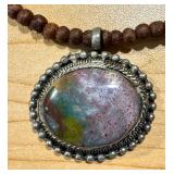 Moss Agate and Bloodstone Pendants with Beaded Chain
