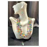 Colorful Multi-Strand Beaded Necklace and Earrings Set, 19 Inch