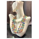 Colorful Multi-Strand Beaded Necklace and Earrings Set, 19 Inch