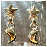 Sterling Silver Star and Crescent Moon Dangle Earrings, 1.75 Inch Drop