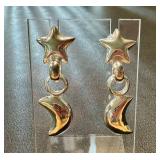 Sterling Silver Star and Crescent Moon Dangle Earrings, 1.75 Inch Drop