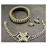 Vintage Rhinestone Jewelry Set with Bracelet, Brooch, and Screw Back Earrings
