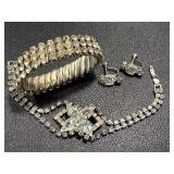 Vintage Rhinestone Jewelry Set with Bracelet, Brooch, and Screw Back Earrings