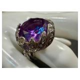Vintage Sterling Silver Ring with Large Purple Stone, Size 6.75