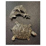 Pair of Sterling Silver Marcasite Dolphin and Turtle Brooches 1.5 Inch