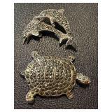 Pair of Sterling Silver Marcasite Dolphin and Turtle Brooches 1.5 Inch